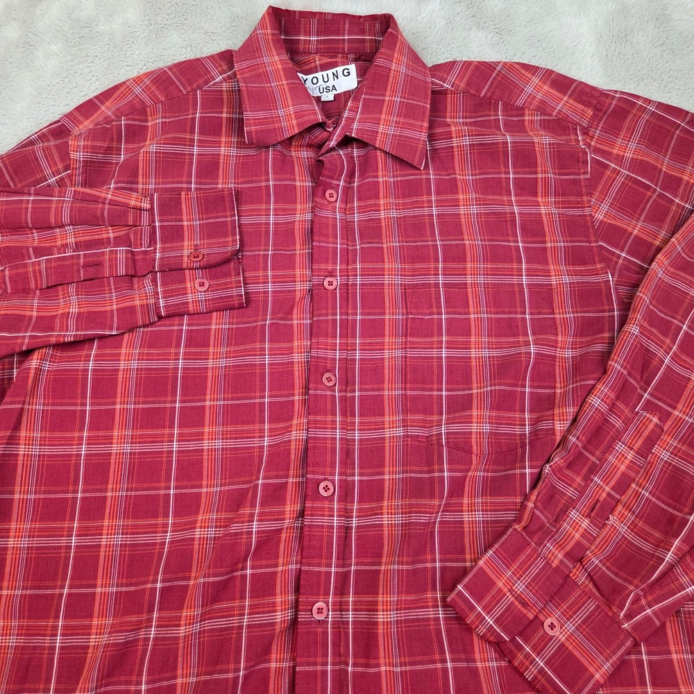 Young USA Button Down Shirt Men L Plaid Long Sleeve Cotton Poly Blend Red Maroon